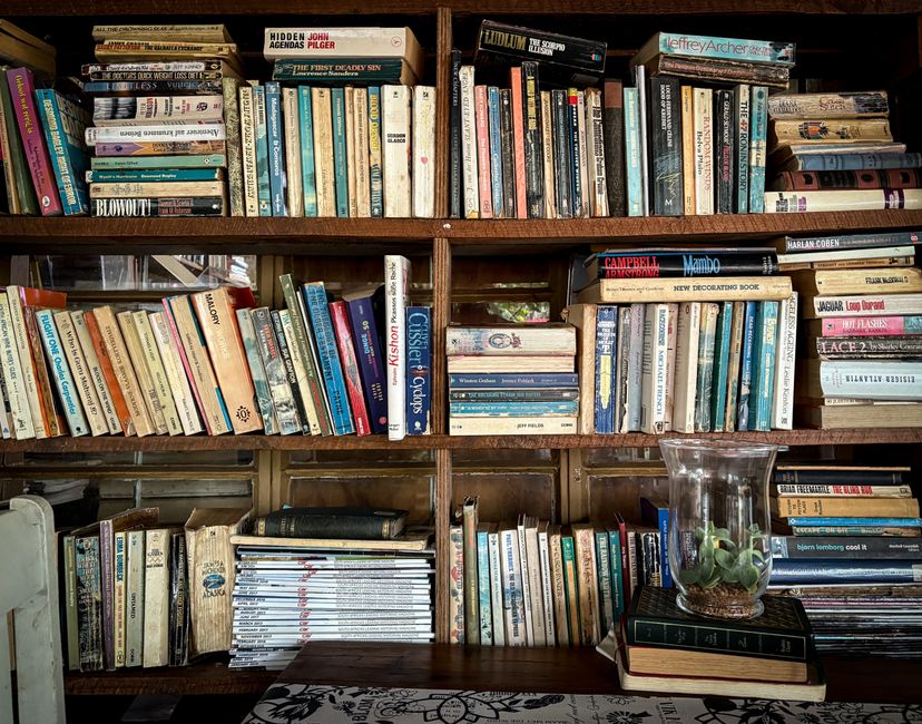 A warm and inviting home library featuring a bookshelf, cozy armchair, and decorative accents.